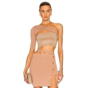 Andreadamo Ribbed Jersey Mono Shoulder Harness Knit Top in Beige - Nude 002 S/M